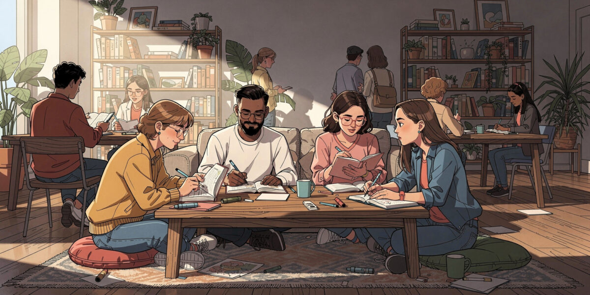 Ilustrasi animasi gaya komik tentang ruang kreatif tempat orang membaca dan berbagi ide bersama.