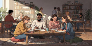 Ilustrasi animasi gaya komik tentang ruang kreatif tempat orang membaca dan berbagi ide bersama.