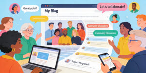 ilustrasi transformasi blog komunitas, platform digital, vector komunitas online