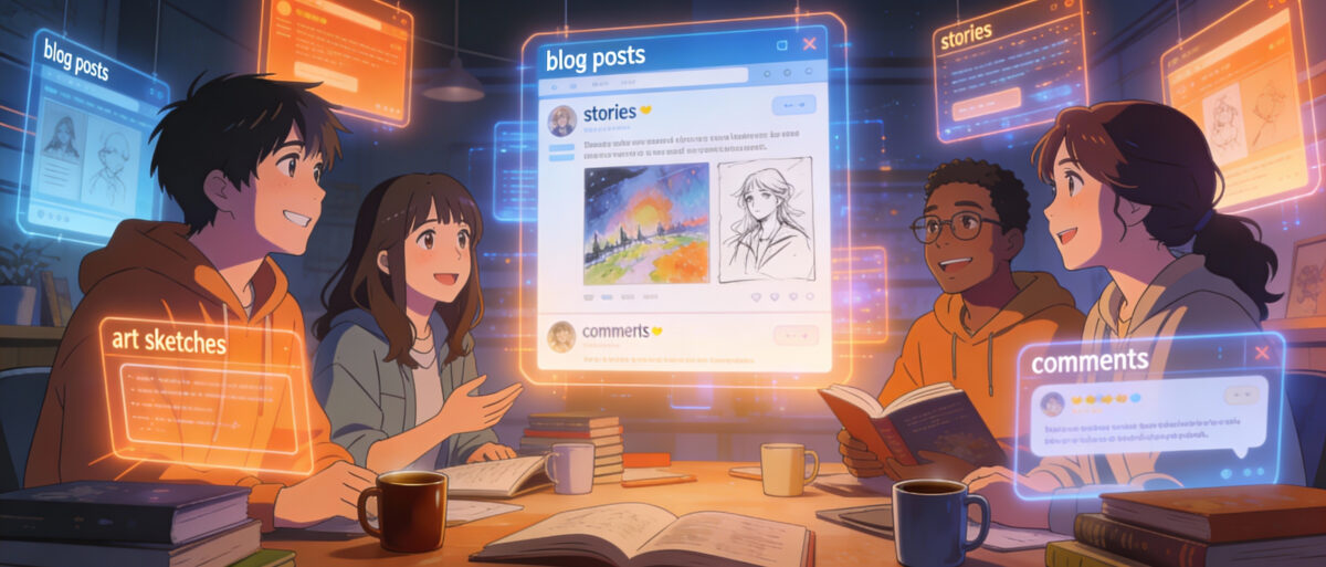 Ilustrasi anime ruang digital cozy dengan kreator muda berkolaborasi di depan glowing screens penuh tulisan dan gambar, nuansa hangat inspiring dan harmonis.